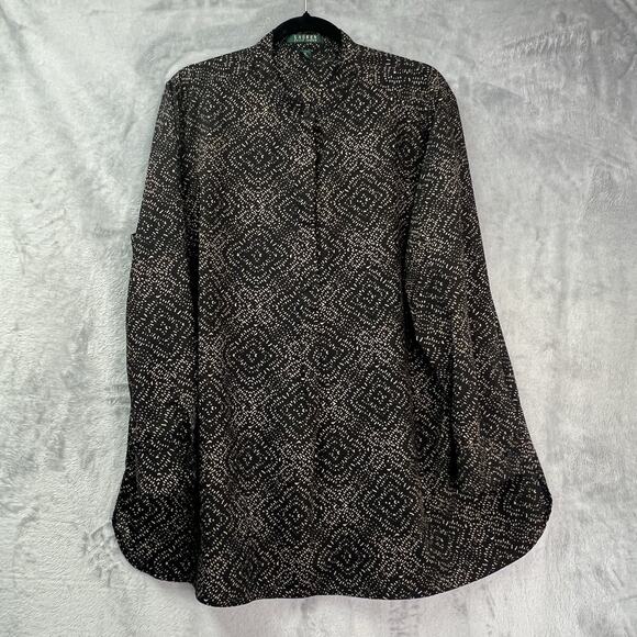 Lauren Ralph Lauren Women Shirt‎ Button Up Long Sleeve Black Ivory Print Sz 2X - Picture 1 of 12